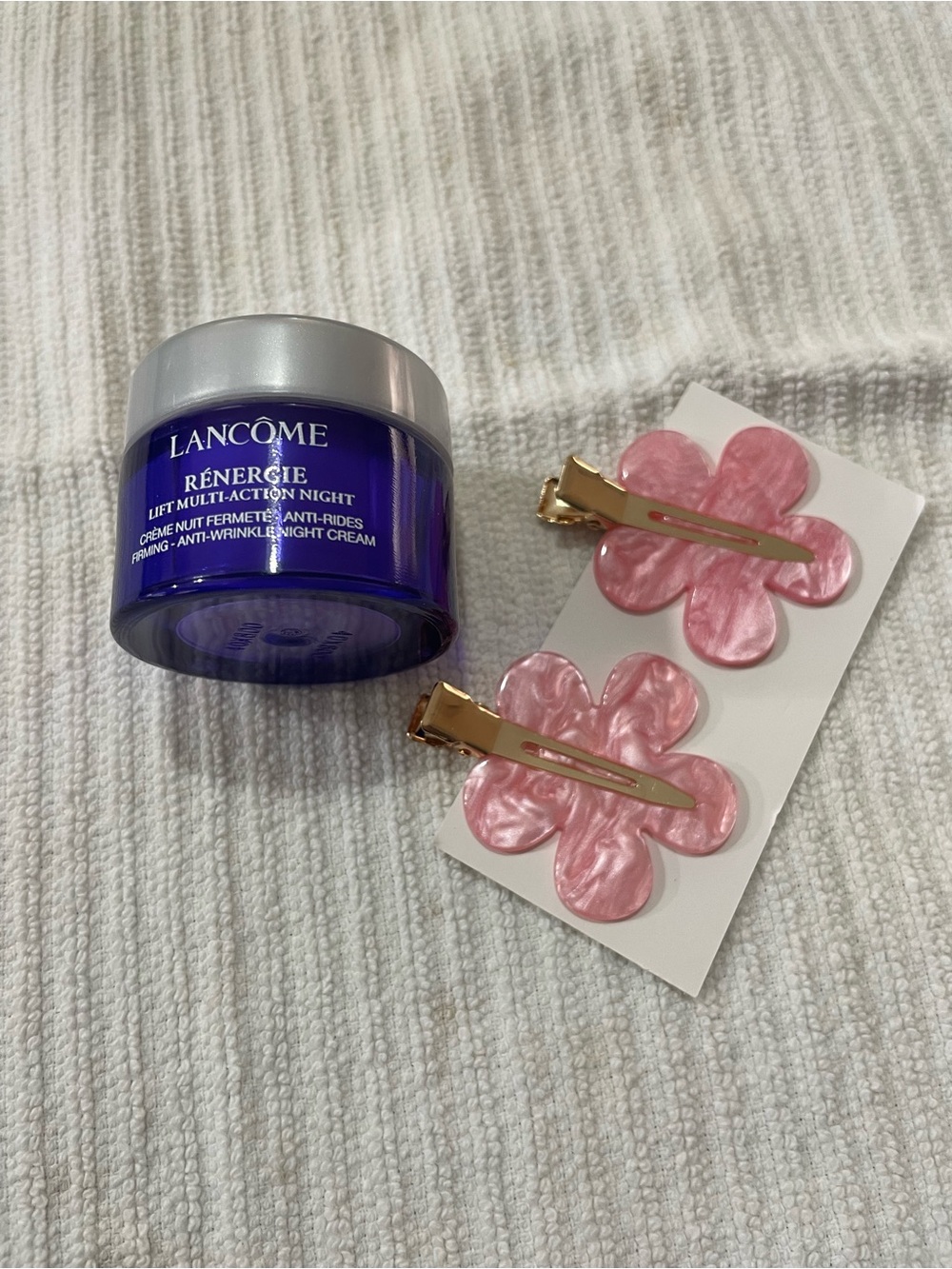 NWT unopened Lancôme Rénergie Night Cream & Pink Hair Clips